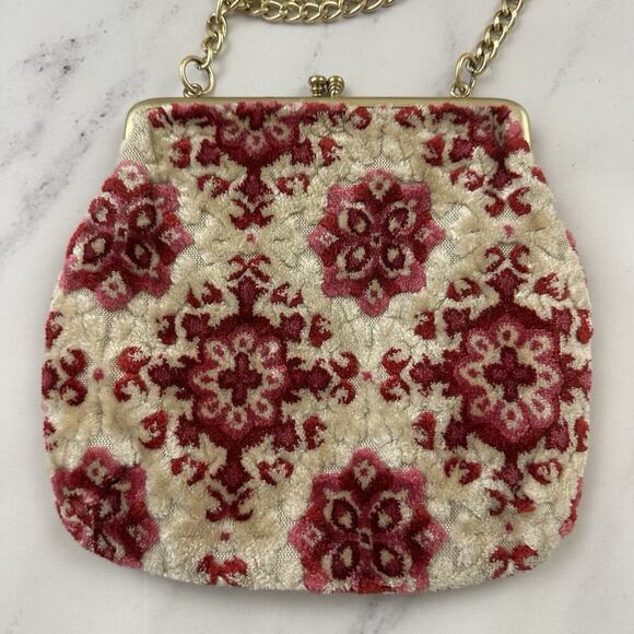 Vintage 70s Made in Japan Kisslock Frame Tapestry Bag Cream Red Floral Small - Picture 4 of 8